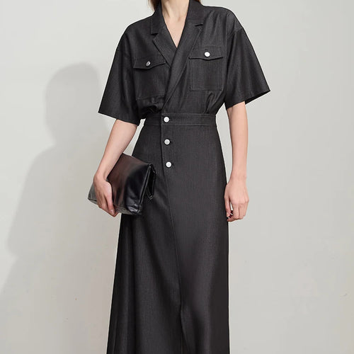 Straight Dress Denim Women 2025 Summer Simple Short Sleeve Office Lady Jean Flip Neck Draped Cool Shirt Dress 12542067