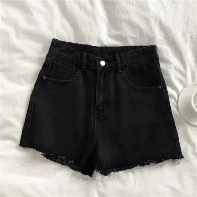 Korean High Waisted Raw Edge Denim Shorts Women's 2023 Summer New Basic Button Pocket Denim Shorts Street Denim Pant