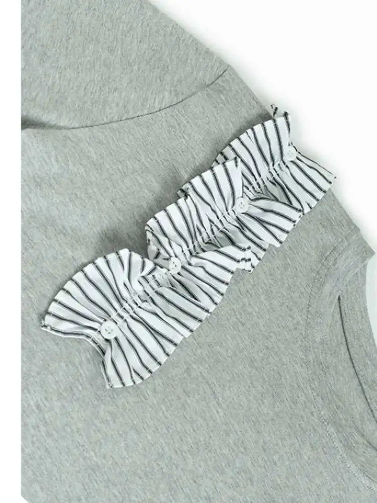 Women White Ruffles Color-block Big Size T-shirt New Round Neck Short Sleeve Fashion Tide Spring Summer 2025 1DJ0182