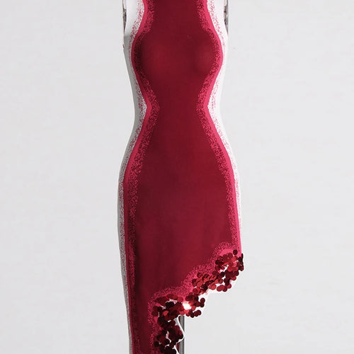Load image into Gallery viewer, Patchwork Sequins Sexy Slimming Dresses For Women Stand Collar Sleeveless High Waist Irregular Hem Temperament Dress Female
