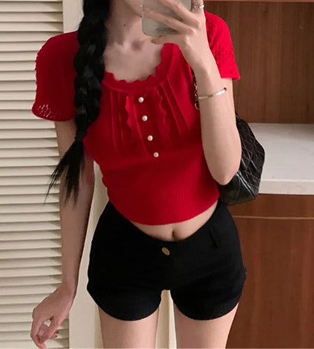 y2k Crop Tops Women Coquette Clothes Slim Fit Round Neck Short Sleeve T Shirt Fairycore Aesthetic Clothing Streetwear