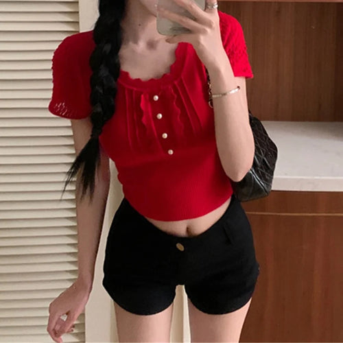 Load image into Gallery viewer, y2k Crop Tops Women Coquette Clothes Slim Fit Round Neck Short Sleeve T Shirt Fairycore Aesthetic Clothing Streetwear
