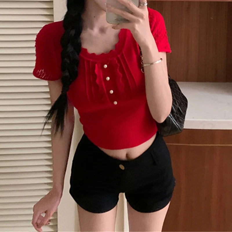 y2k Crop Tops Women Coquette Clothes Slim Fit Round Neck Short Sleeve T Shirt Fairycore Aesthetic Clothing Streetwear