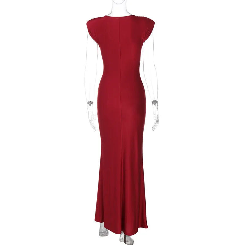 Sleeveless Ruched Sexy Maxi Dress For Women Gown Fashion Solid O Neck High Waist Bodycon Club Long Dress Vestido