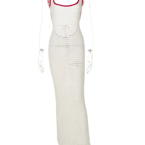 Load image into Gallery viewer, Hollow Out Backless Knit Maxi Dress For Women White Spaghetti Strap Sleeveless Bodycon Club Party Sexy Knitted Dress
