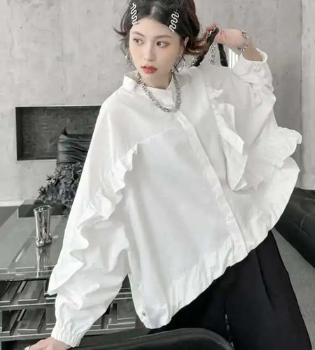 Women White Big Irregular Casual Blouse New Stand Collar Long Sleeve Loose Shirt Fashion Tide Spring Autumn 2025 1DH4418