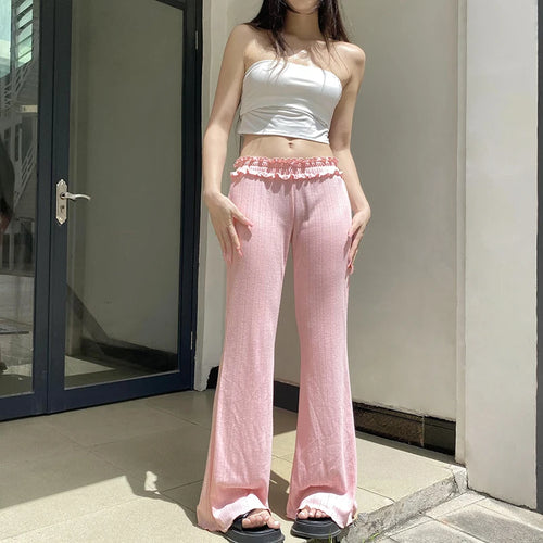 Load image into Gallery viewer, Korean Fashion Pink Ruched Knitted Flared Pants Harajuku Sweet Homewear Slim Trousers Cute Coquette Bow Elastic Waist
