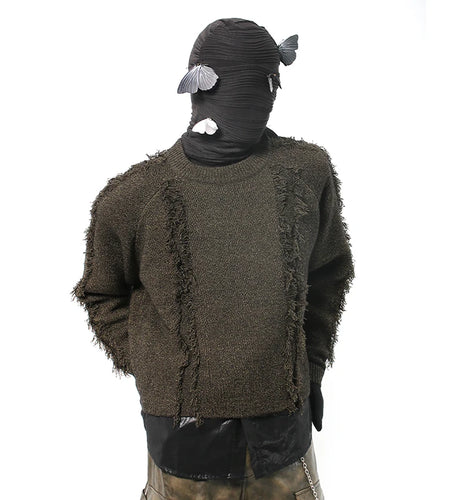 American Style Men's Sweaters Round Collar Tassels Patchwork Knitting Solid Color Pullover Male Knits Menswear 2024 9C9378