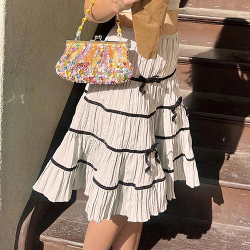 Load image into Gallery viewer, Sweet Cutecore Bow Loose Boho Maxi Skirt Women Stripe Stitching A-Line Midi Skirt Coquette Clothing Shirred Contrast
