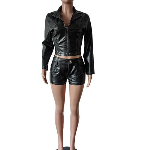 Load image into Gallery viewer, Fashion 2 Piece Set Women Faux Leather Zipper Cardigan Full Sleeve Jacket+Skinny Solid Shorts Street Trend Wild Suits
