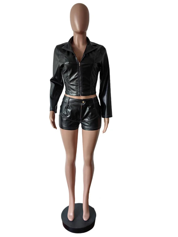 Fashion 2 Piece Set Women Faux Leather Zipper Cardigan Full Sleeve Jacket+Skinny Solid Shorts Street Trend Wild Suits