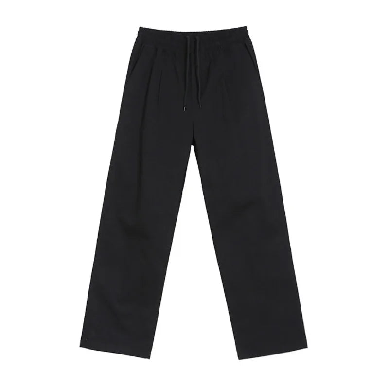 Korean Style Men's Casual Pants Solid Color Drawsting Elastic Waist Solid Color Trousers Straight Leg Male Bottom 9C9003