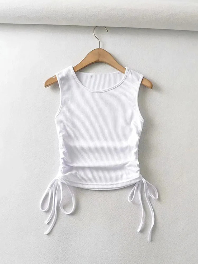 2025 Summer NEW Arrival Women Solid Color Sexy Causal Crop Top With String Both Side Club For Fashion Ladies