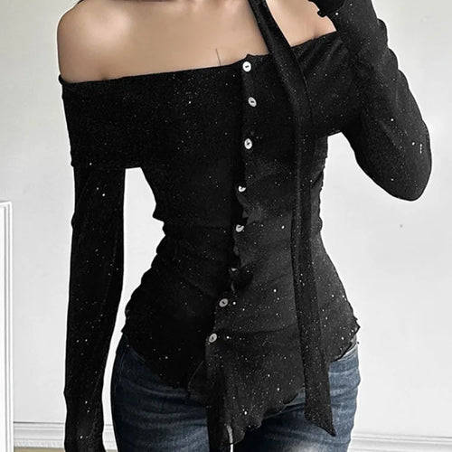 Load image into Gallery viewer, 2025 Black Shiner Slash Neck Tees Vintage Irregular Single Breasted Harajuku Crop Tops Grunge Slim Women T-shirts Y2k Aesthetic
