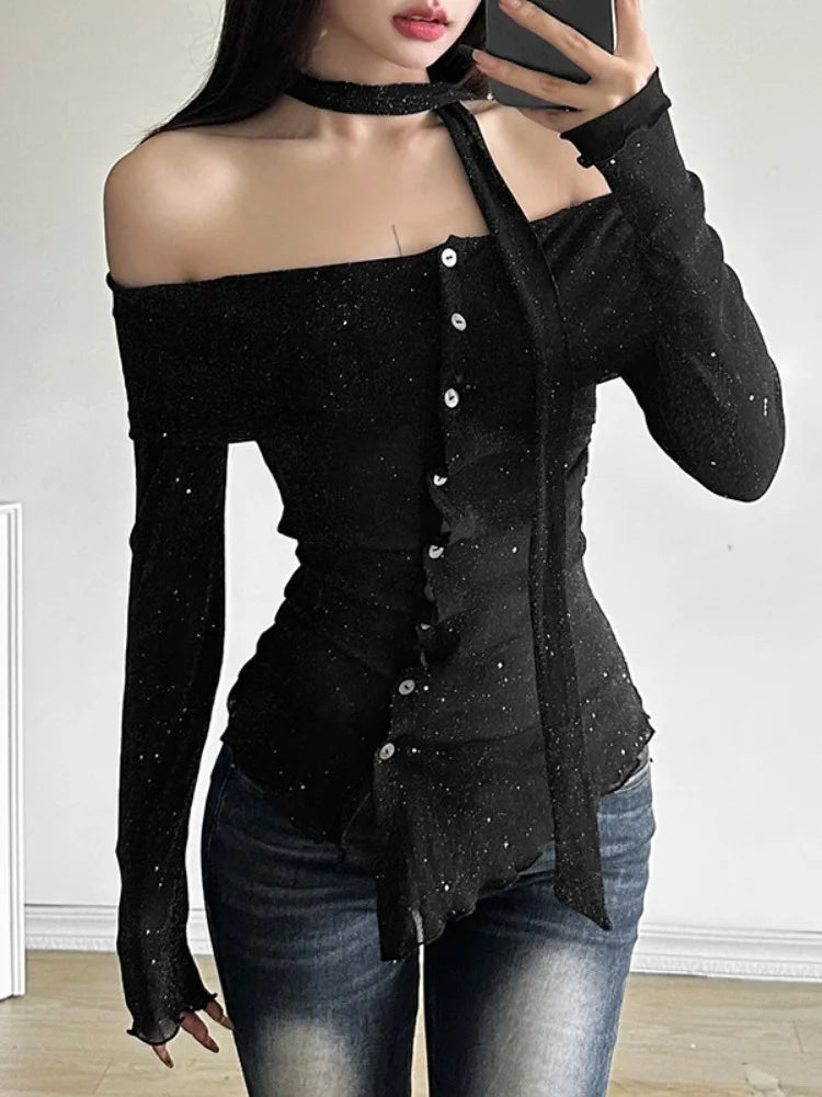 2025 Black Shiner Slash Neck Tees Vintage Irregular Single Breasted Harajuku Crop Tops Grunge Slim Women T-shirts Y2k Aesthetic