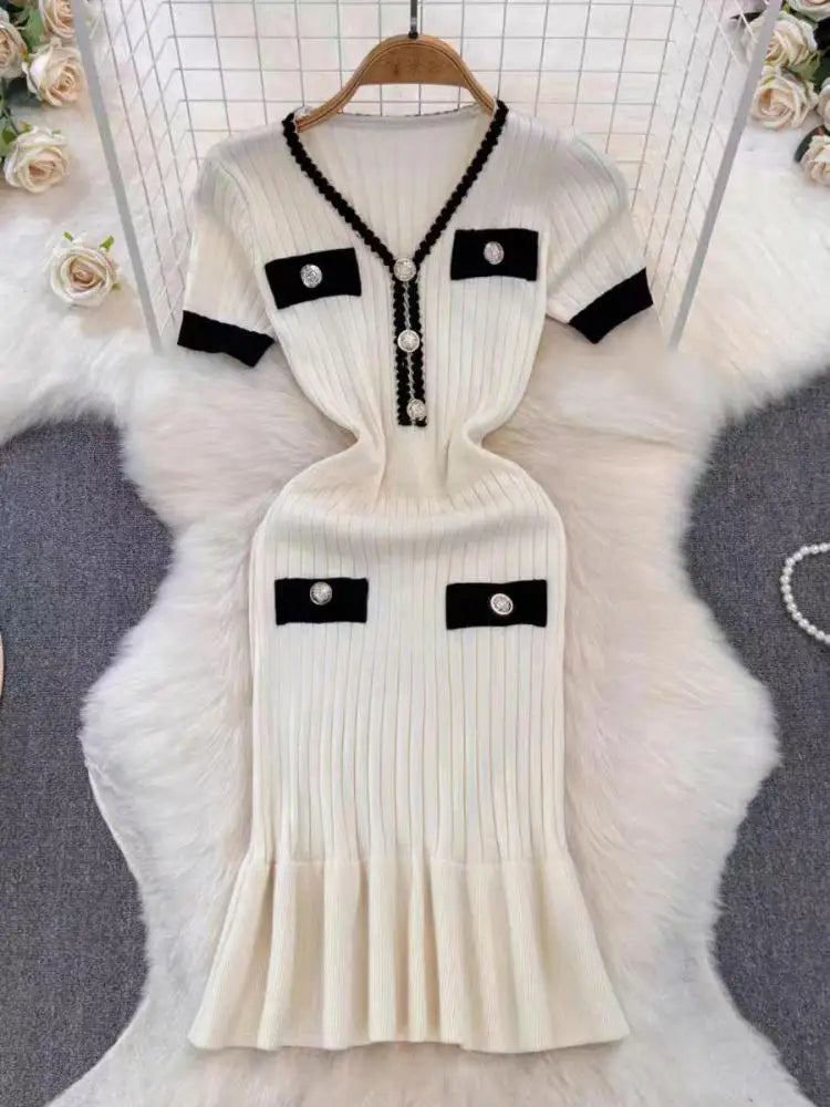 Summer Korean Patchwork V-neck Slim Ruffled Edge Pleated Short Sleeve Midi Dress Women Retro Holiday Wrap Hip Knitted Dress Chic