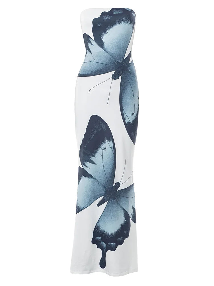 Off-shoulder Print Sexy Maxi Dress Women Summer New Strapless Sleeveless Backless High Waist Beach Holiday Long Dress