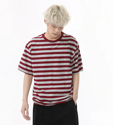 Men's Short Sleeve T-shirts New American Stripe Contrast Fashion Round Neck Male Loose Clothing Trendy Tees Casual 9W1598