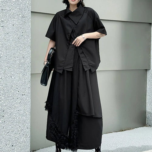 Load image into Gallery viewer, Big Size Black Irregular Shirt Mesh Pants Two Piece Suit New Lapel Short Sleeve Women Fashion Spring Summer 2025 1DJ1371
