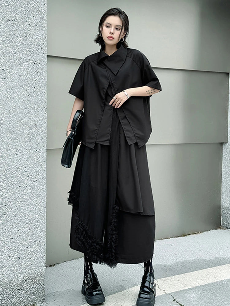 Big Size Black Irregular Shirt Mesh Pants Two Piece Suit New Lapel Short Sleeve Women Fashion Spring Summer 2025 1DJ1371