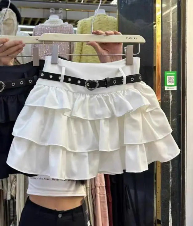 Spring Summer Women Black Brown High Waist Ruffles Cake Short Skirt White Holiday Party Pleated Mini Skirt Ladies Popular French
