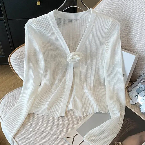 Load image into Gallery viewer, 2025 Sping Summer New Women Solid Fashion V-neck Flower Decoration Long Sleeve Cardigan Knitted Tops Sun Protection Clothes Chic
