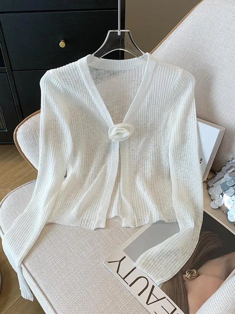 2025 Sping Summer New Women Solid Fashion V-neck Flower Decoration Long Sleeve Cardigan Knitted Tops Sun Protection Clothes Chic