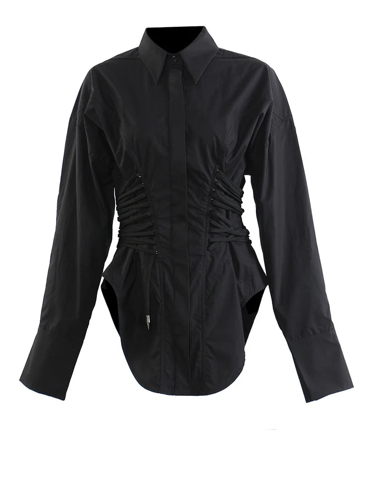 Women White Bandage Pleated Irregular Big Size Blouse New Lapel Long Sleeve Shirt Fashion Tide Spring Autumn 2025 1DJ0341