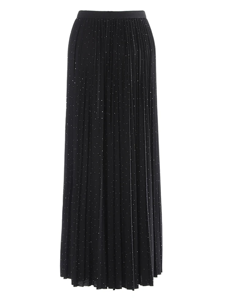 High Elastic Waist Purple Rhinestones Pleated A-line Half-body Skirt Women Fashion Tide New Spring Autumn 2025 1DJ1032