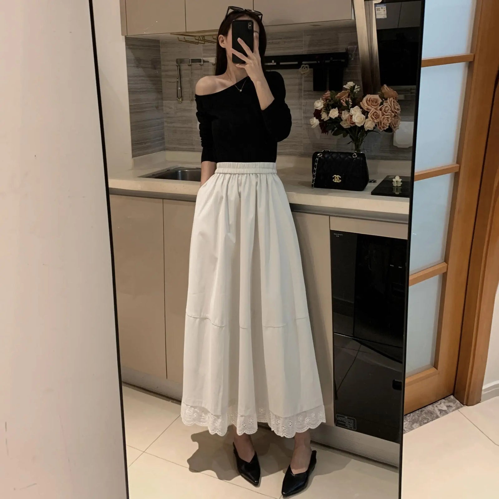 Spring Summer French Fashion Patchwork Lace Elegant Versatile Long Skirt Women Vintage High Waisted Vacation Pleated Half Skirts