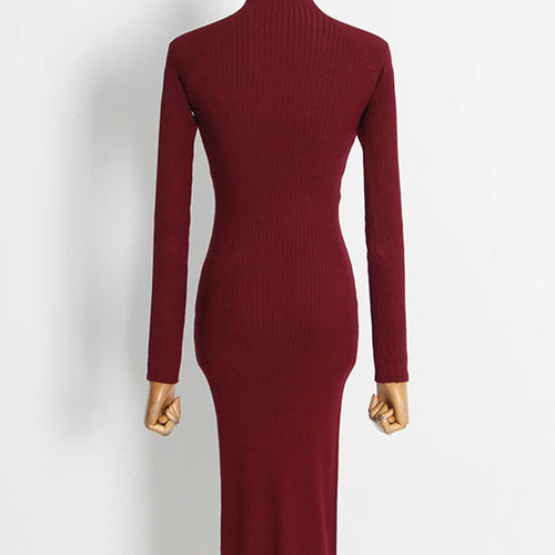 Load image into Gallery viewer, Sexy Hollow Out Solid Knitting Dresses For Women Stand Collar Long Sleeve High Waist Minimalist Slimming Dress Female Style
