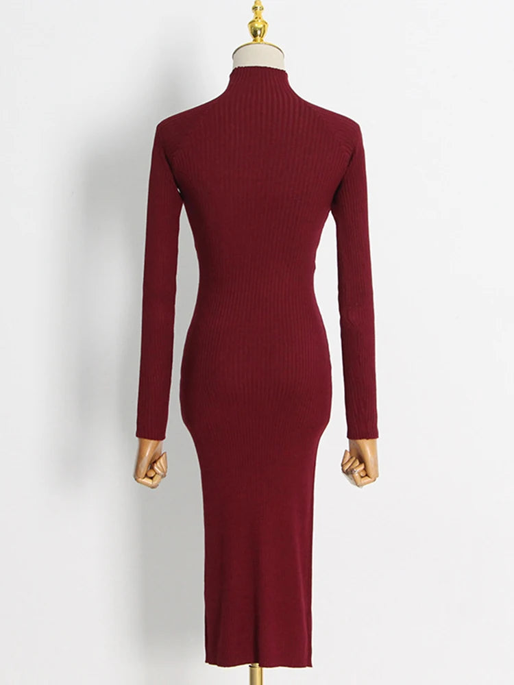 Sexy Hollow Out Solid Knitting Dresses For Women Stand Collar Long Sleeve High Waist Minimalist Slimming Dress Female Style