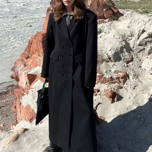 Load image into Gallery viewer, Women Black Brief Double Breasted Long Elegant Blazer New Lapel Long Sleeve Jacket Fashion Tide Spring Autumn 2025 1LD1678
