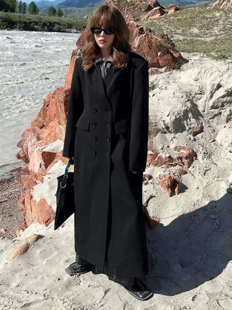 Women Black Brief Double Breasted Long Elegant Blazer New Lapel Long Sleeve Jacket Fashion Tide Spring Autumn 2025 1LD1678