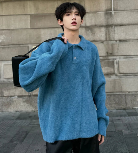 Turn-down Collar Male Sweaters Solid Color Plush Button Trendy Men's Knitting Pullovers Tops Korean Chic New Simple 9C4118