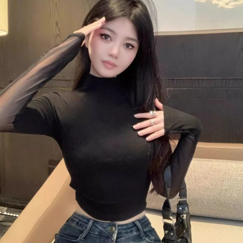 Load image into Gallery viewer, Half Turtleneck Sweet Y2k Aesthetic T-shirt Harajuku Gauze Butterfly Design Women Crop Top New Vintage Sexy Streetwear Slim Tees
