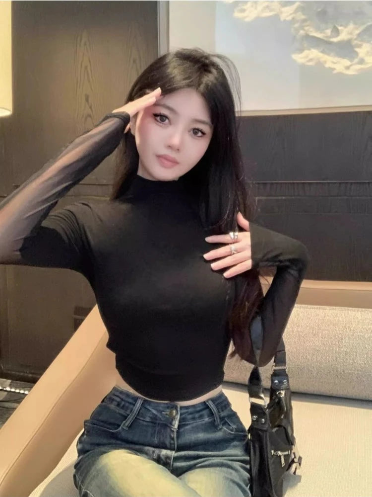 Half Turtleneck Sweet Y2k Aesthetic T-shirt Harajuku Gauze Butterfly Design Women Crop Top New Vintage Sexy Streetwear Slim Tees