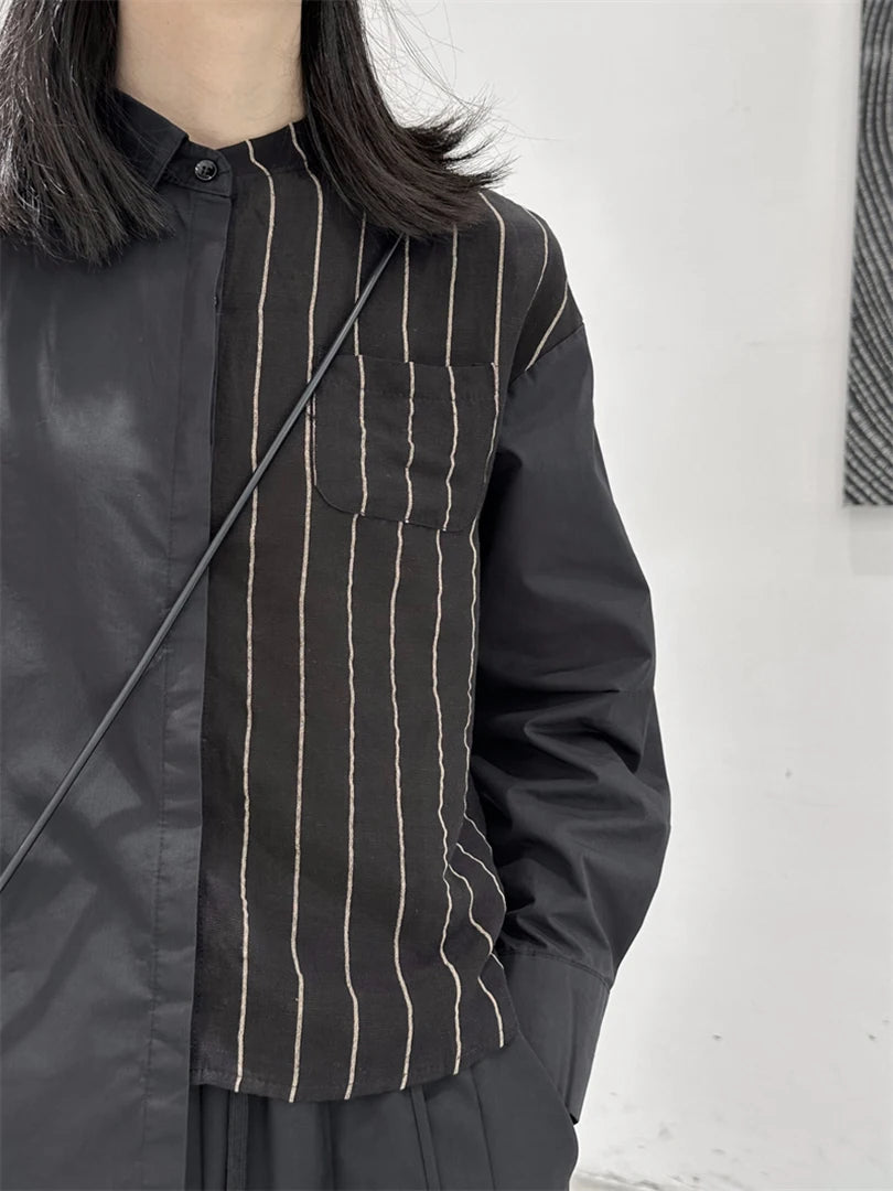 Women Striped Irregular Big Size Blouse New Lapel Long Sleeve Loose Fit Shirt Fashion Tide Spring Autumn 2025 1DF7105