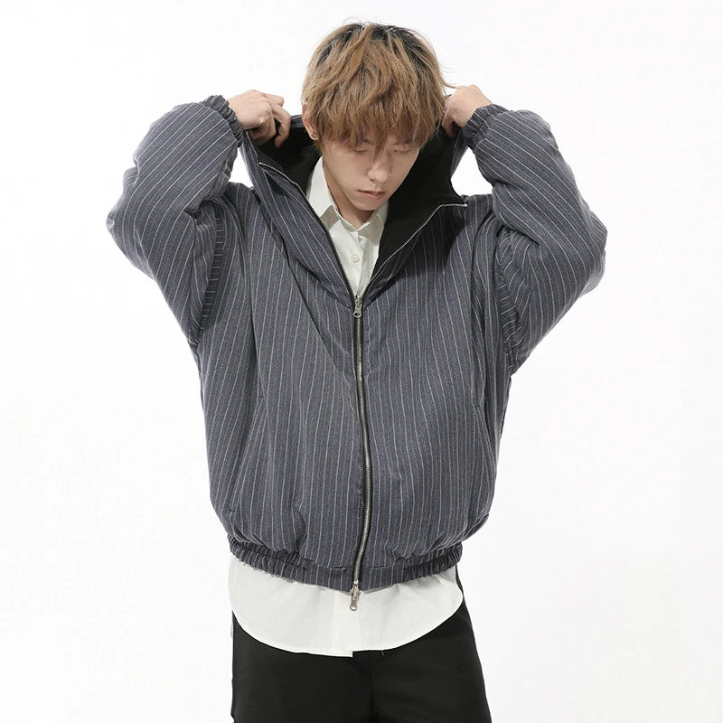 Personalized Men's Padded Coats Hooded Striped Reversible Design Thickened Shorts Casual Male Jackets New Winter 9C8730