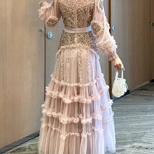 Load image into Gallery viewer, Solid Spliced Bead Luxurious Dresses for Women O Neck Long Sleeves High Waist Sheer Patchwork Fungus Dress Female
