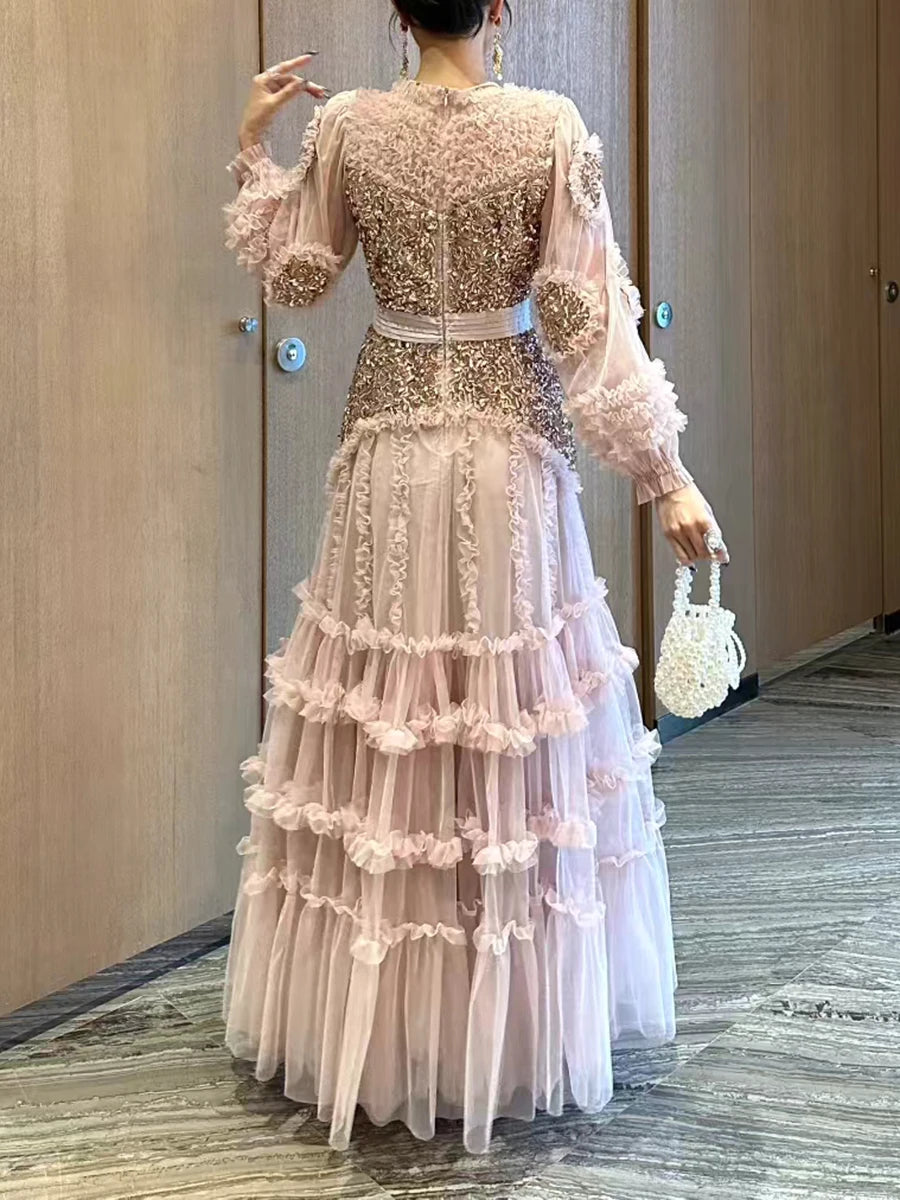 Solid Spliced Bead Luxurious Dresses for Women O Neck Long Sleeves High Waist Sheer Patchwork Fungus Dress Female