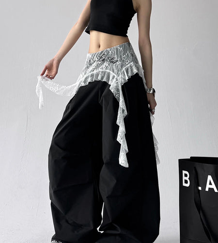 Solid Spliced Lace Up Loose Casual Pants For Women High Waist Temperament Wide Leg Pant Female Fashion Style New