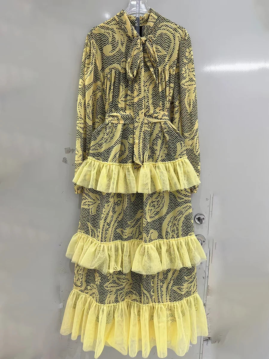 Hit Color Spliced Ruffles Dresses For Women O Neck Long Sleeve High Waist Temperament Long Dress Female Fashion New