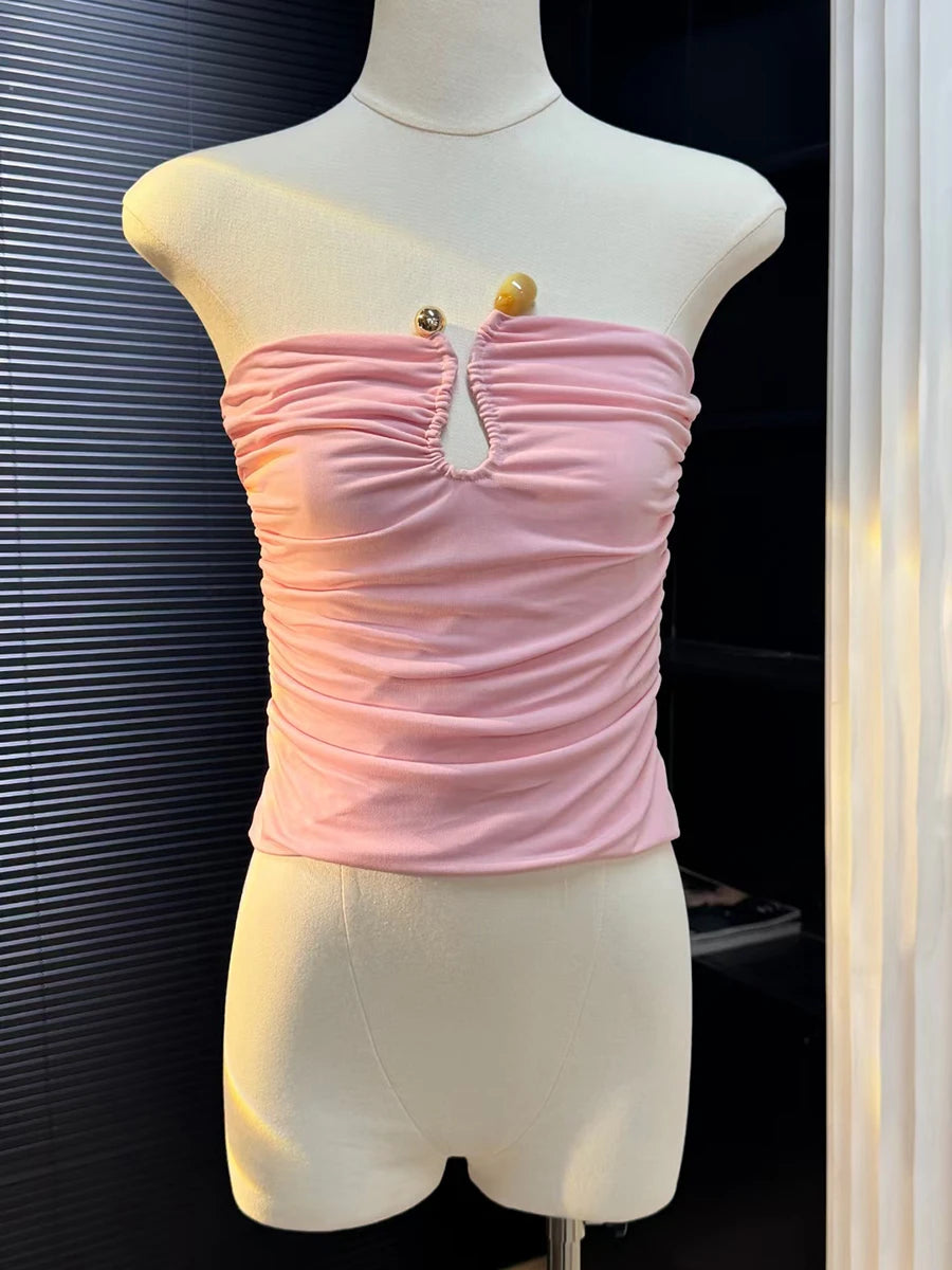 Solid Spliced Folds Slimming Vests For Women Strapless Sleeveless Tunic Temperament Vests Female Fashion Style New