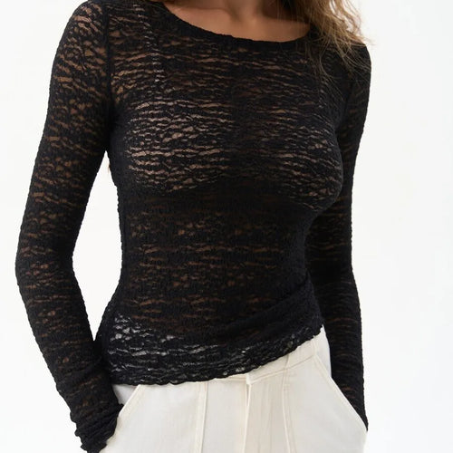 Load image into Gallery viewer, Fashion Long Sleeve Elastic Tight Women Top Round Neck Lace Perspective T-shirt Female Street Autumn/Winter New Clothing
