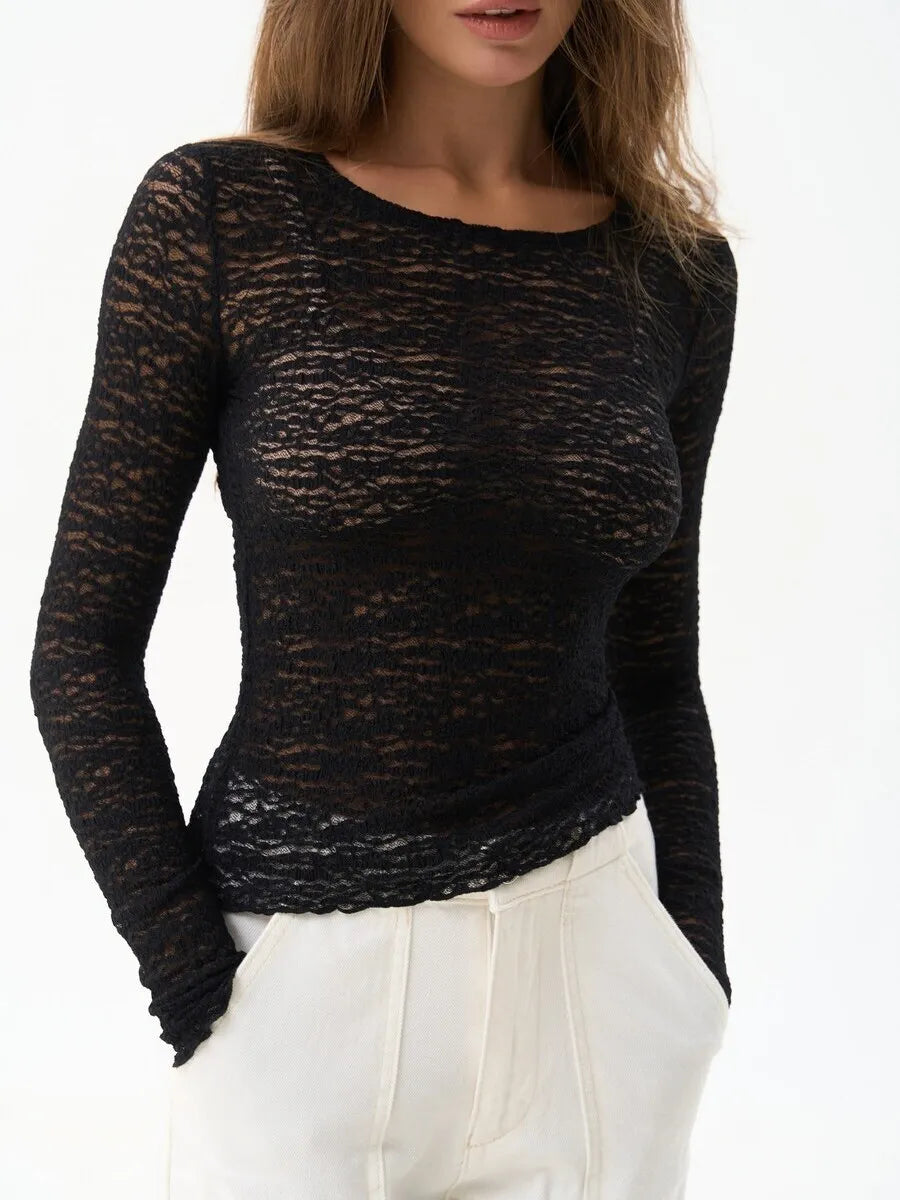 Fashion Long Sleeve Elastic Tight Women Top Round Neck Lace Perspective T-shirt Female Street Autumn/Winter New Clothing