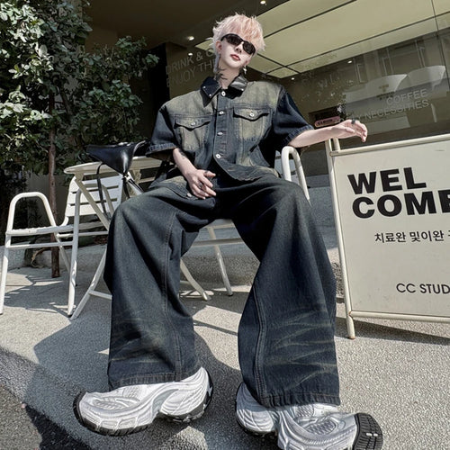 Load image into Gallery viewer, Men&#39;s Pants Set New Summer Split Leather Rivet Short Sleeve Denim Jacket Male Loose Gradient Color Tredny Trousers 9W1792
