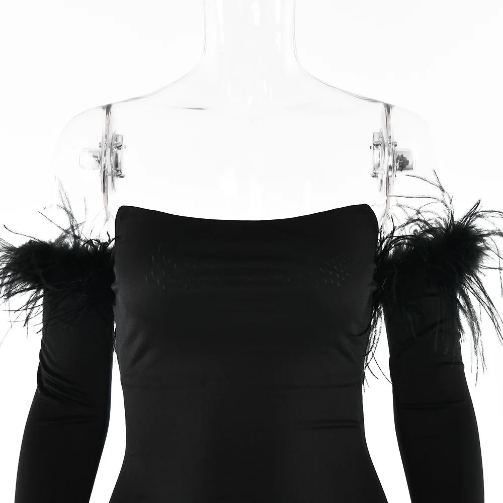 Elegant Off-shoulder Feather Sleeve Maxi Dress Women 2022 New Strapless Backless Bodycon Long Dress Vestido