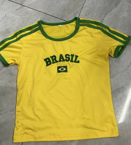 Brazil Crop Top y2k Clothes Women Letter Print Contrast Color Short Sleeve T Shirts Basic Tees Clothing Streetwear