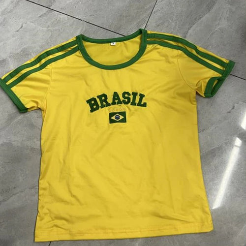 Load image into Gallery viewer, Brazil Crop Top y2k Clothes Women Letter Print Contrast Color Short Sleeve T Shirts Basic Tees Clothing Streetwear
